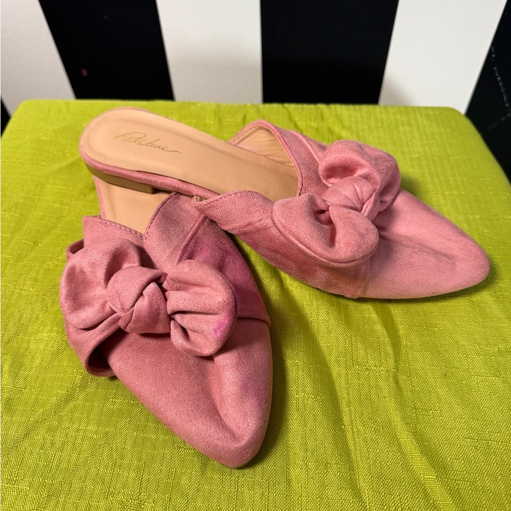 Pink Suede Bow-Front Women’s Slip-On Mules: Size 9 US; 7 EU (fits like 8.5 US)